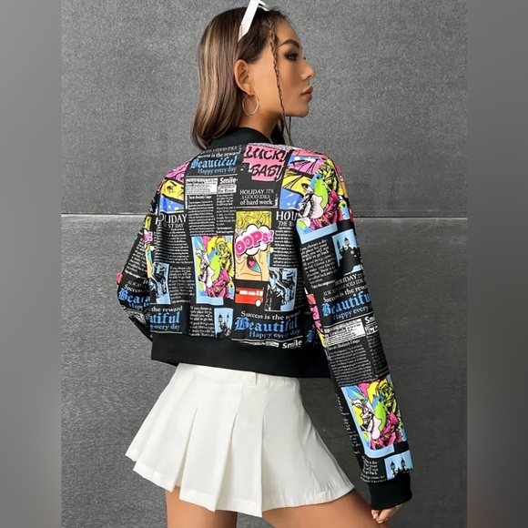Allover Print Pop Art Zip-up Jacket, Long Sleeve Crop Jacket - Picture 4 of 6